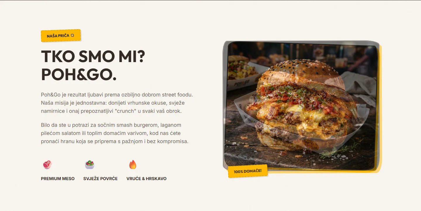 The brand story combines restaurant information with food photography.